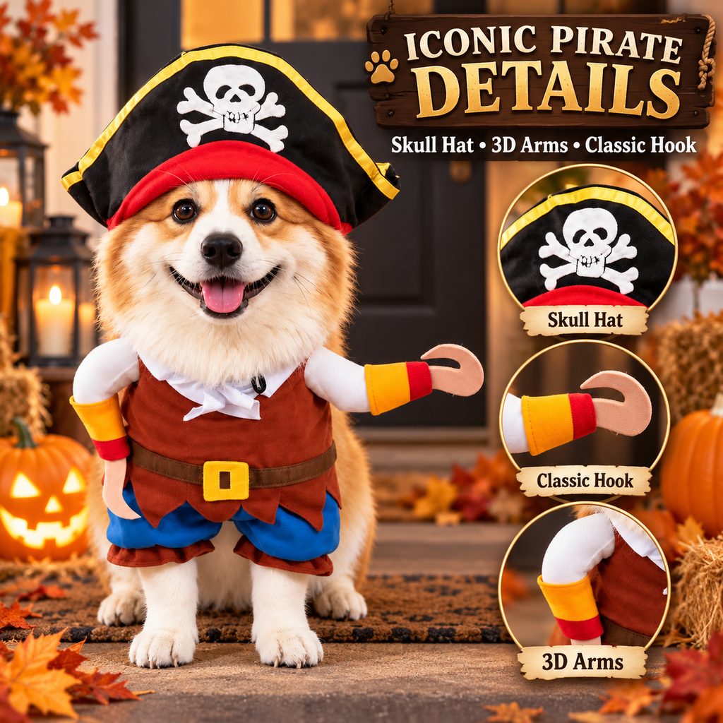 Ortekor Funny Pirate Dog Costume with Hat & Hook Arms - Complete Halloween Party & Photo Outfit for an Instant 3D Pirate Look