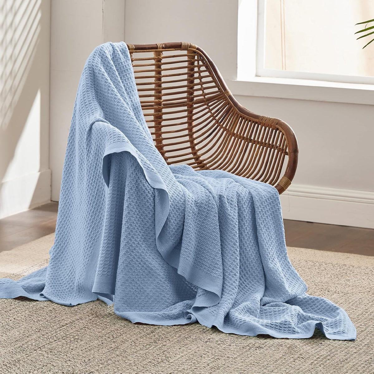 100% Cotton Waffle Weave Throw Blanket Queen King Breathable Lightweight Bed Cover for All Seasons Couch Sofa Bedroom Layering Textured