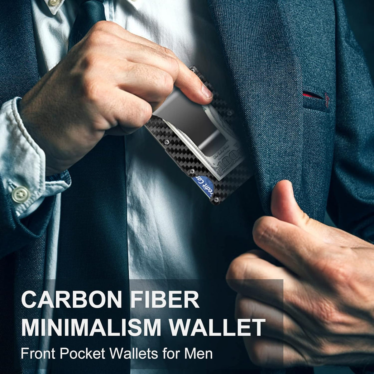 RFID-Blocking Carbon Fiber Minimalist Wallet with Integrated Money Clip for Men Front Pocket Card Holder Slim Design Contactless Theft Prote