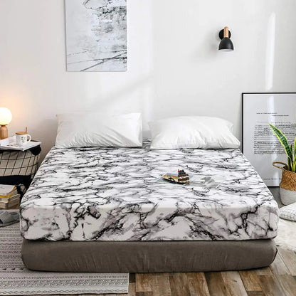 Microfiber Fitted Sheet Set with Marble Design – Breathable Cooling Bed Sheets for Deep Pocket Mattresses, Wrinkle-Resistant & Ultra-Soft