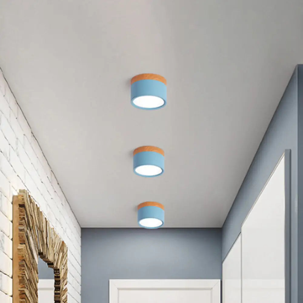 Compact Round Ceiling Light Fixture with Metal & Wood Finish for Kitchen Hallway Bedroom Kids Room | Modern Low-Profile LED Flush Mount