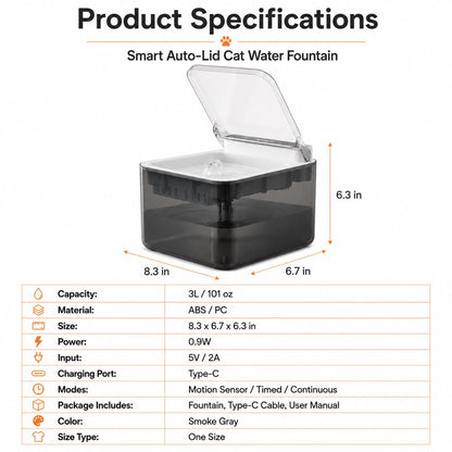 Ortekor Smart Auto-Lid Cat Water Fountain for Busy Cat Parents - 3L Cordless Pet Water Dispenser with Dust Cover, Motion Sensor & Type-C Charging