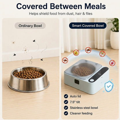 Ortekor Smart Motion Sensor Covered Cat Bowl for Cleaner Indoor Feeding - Auto Open Lid Helps Keep Food Covered from Dust, Hair & Flies
