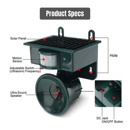 Motion-Activated Solar Bird Deterrent Device for Yards, Gardens & Patios – Ultrasonic Alarm with PIR Sensor