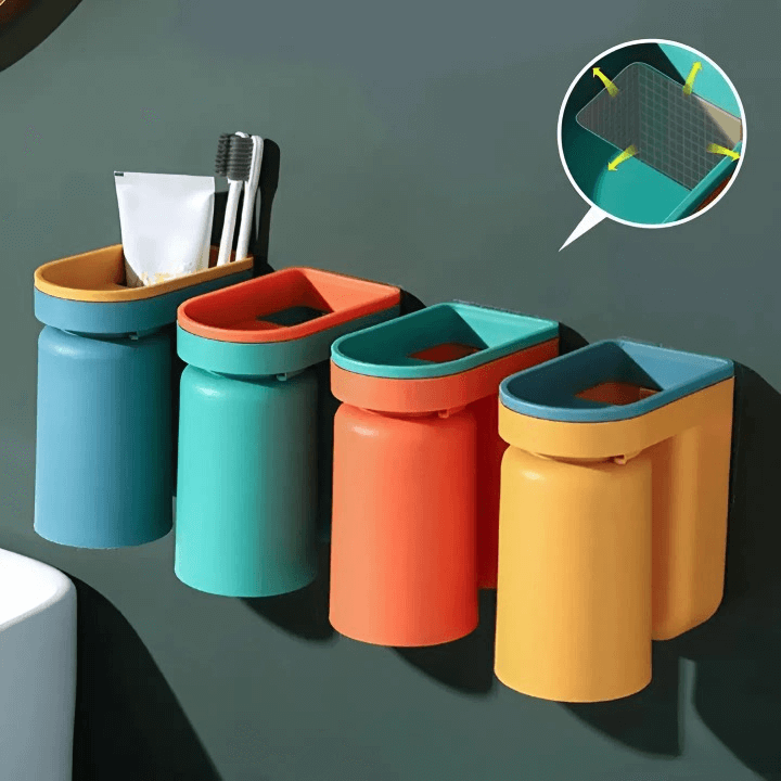 Wall-Mount Toothbrush Caddy Adhesive Bathroom Organizer 4.9 in Drill-Free Toothpaste Cup Holder for Sink Counter Space Saving