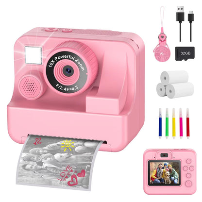 Kids Digital Camera with Instant Print – 1080P HD Photo & Video Recorder, 16x Zoom, Built-In Games, 32GB Memory & Coloring Pens for Ages