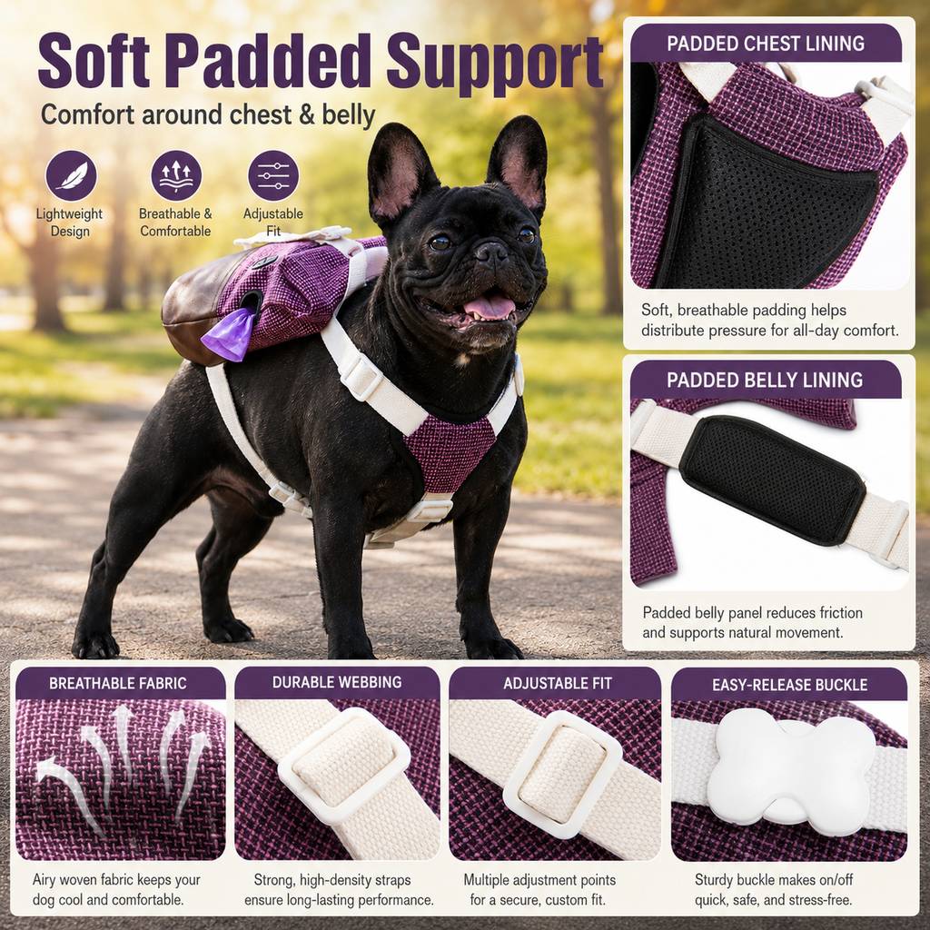 Ortekor Frenchie Adventure Backpack Harness for Daily Walks - Carry Poop Bags, Treats & Keys Without Neck Pulling