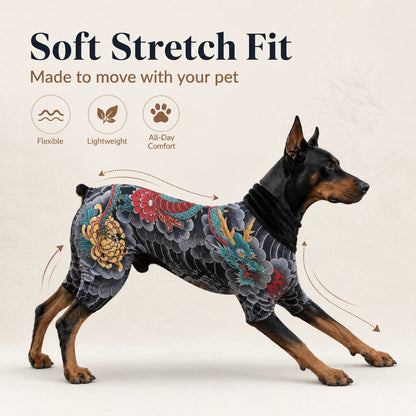 Ortekor Tattoo Print Dog & Cat Bodysuit for Walks & Photos - Soft Stretch Pet Onesie Helps Contain Loose Hair