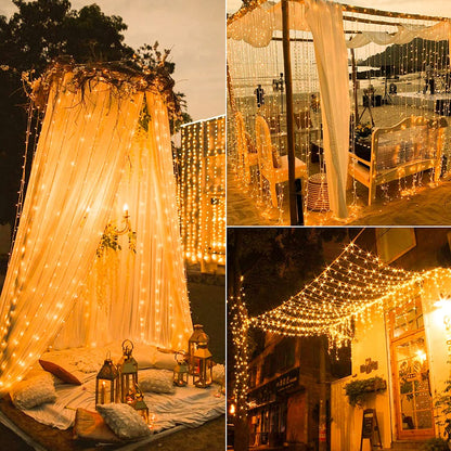 Solar-Powered LED Curtain Light 300 Bulb Waterproof Outdoor String for Patio Backyard Pergola Fence Wedding Party Decor Cascading Warm Glow