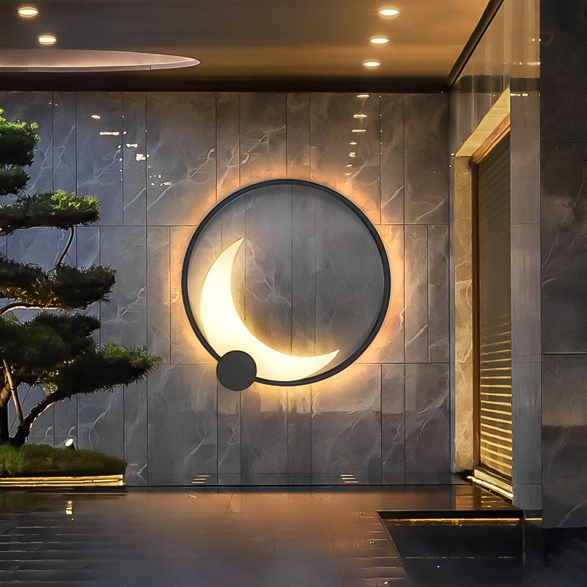 Crescent Moon LED Outdoor Sconce Black Stainless Steel Waterproof 14 in Round for Patio Entrance Garden Wall Solar Hardwired