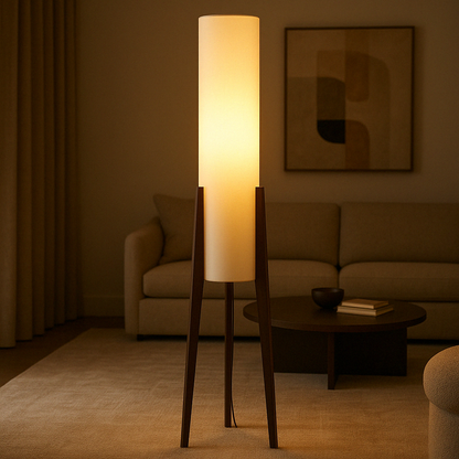 Solid Walnut Wood Floor Lamp with Fabric Shade | Modern Standing Light for Living Room & Bedroom | 3000K Warm White LED | Hardwired Floor