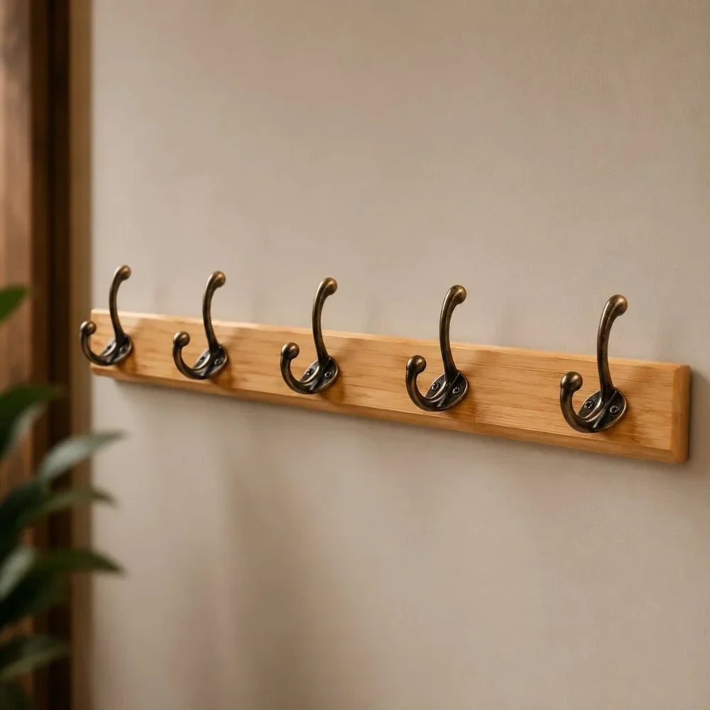Entryway Hook Rack Wall-Mounted Solid Wood Organizer for Jackets Scarves Bags Natural Grain Finish 3 4 5 Hook Options Apartment Mudroom