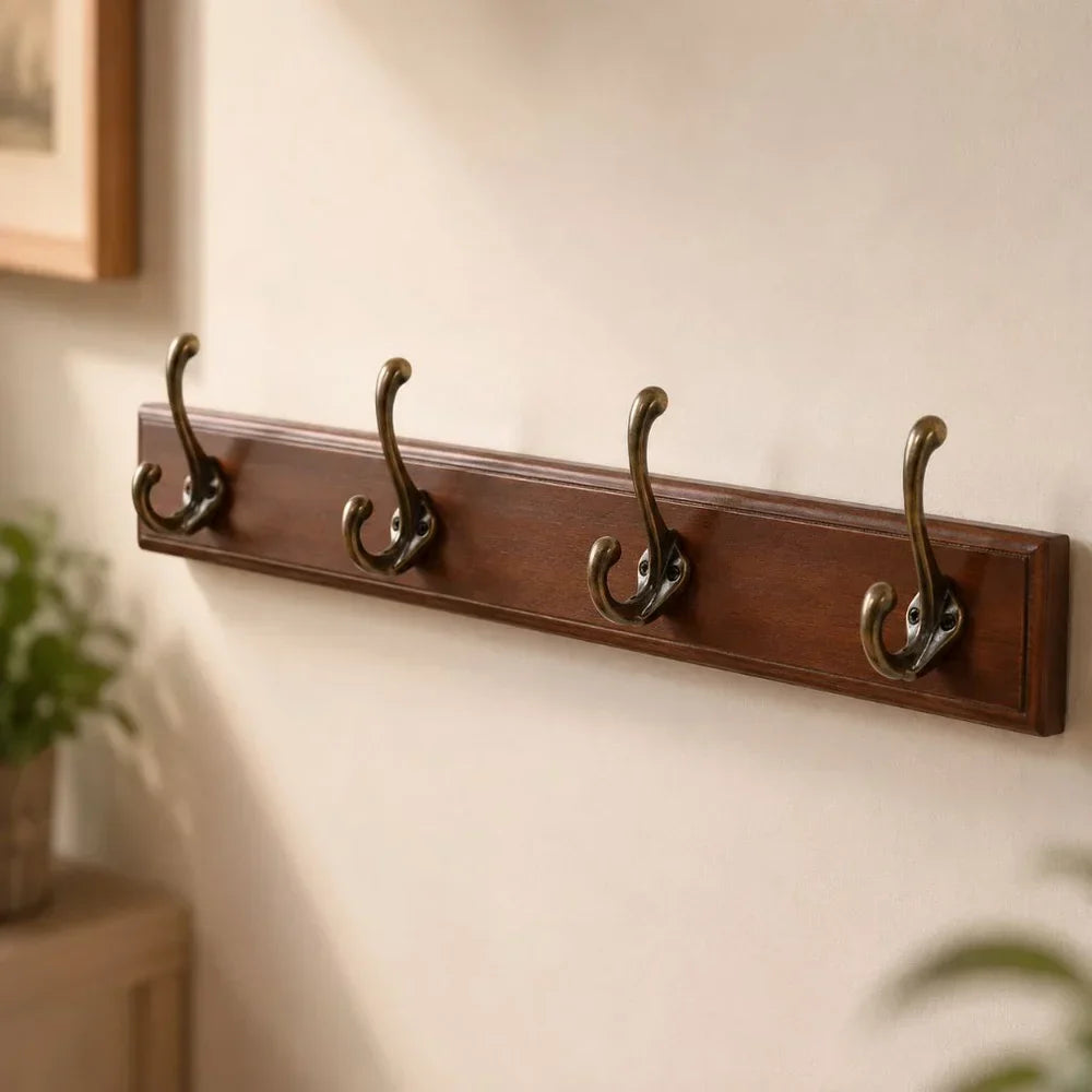 Entryway Hook Rack Wall-Mounted Solid Wood Organizer for Jackets Scarves Bags Natural Grain Finish 3 4 5 Hook Options Apartment Mudroom