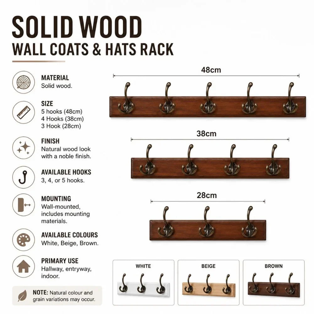 Entryway Hook Rack Wall-Mounted Solid Wood Organizer for Jackets Scarves Bags Natural Grain Finish 3 4 5 Hook Options Apartment Mudroom