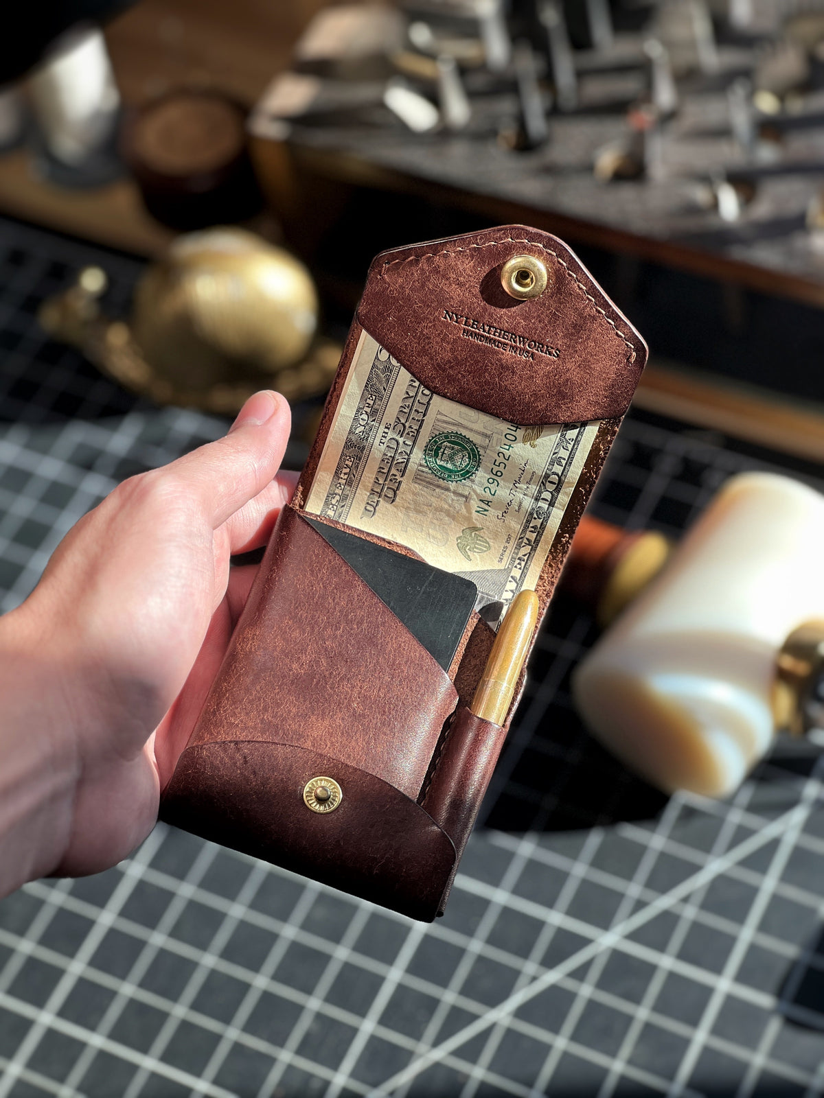 Bifold Leather Wallet with Integrated Pen Holder for Cards & Cash Storage