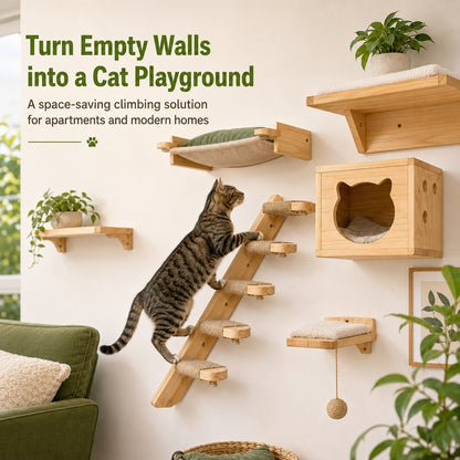 Ortekor Wall-Mounted Solid Wood Cat Steps for Shelves & Perches - Space-Saving Jute Climbing Ladder