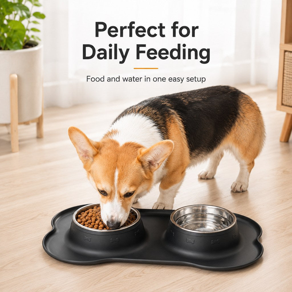 Ortekor Spill-Proof Dual Pet Bowl for Cats & Dogs - Mess-Free Food & Water Station for Cleaner Floors