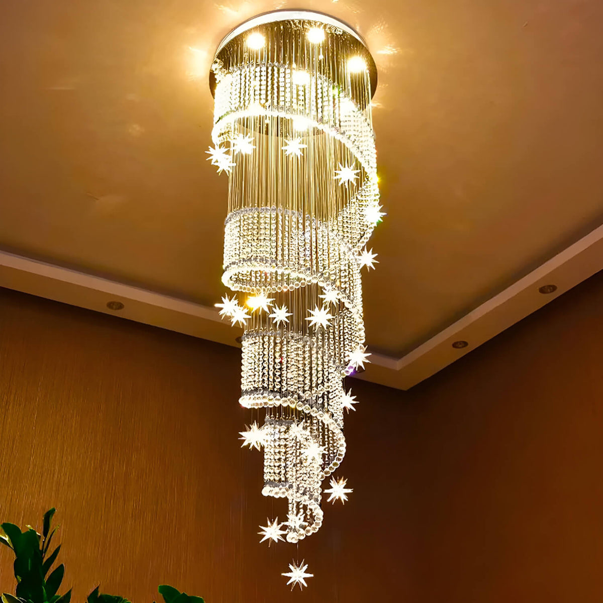 Cascading Crystal Chandelier for Staircase Chrome Finish Modern Raindrop Fixture Foyer Entryway Double-Height Ceiling GU10 LED Compatible