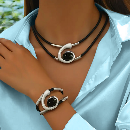 Boho Jewelry Set with Necklace Bracelet and Earrings Layered Geometric Design Faux Leather Cord Adjustable Metal Accents for Women Girls Fes