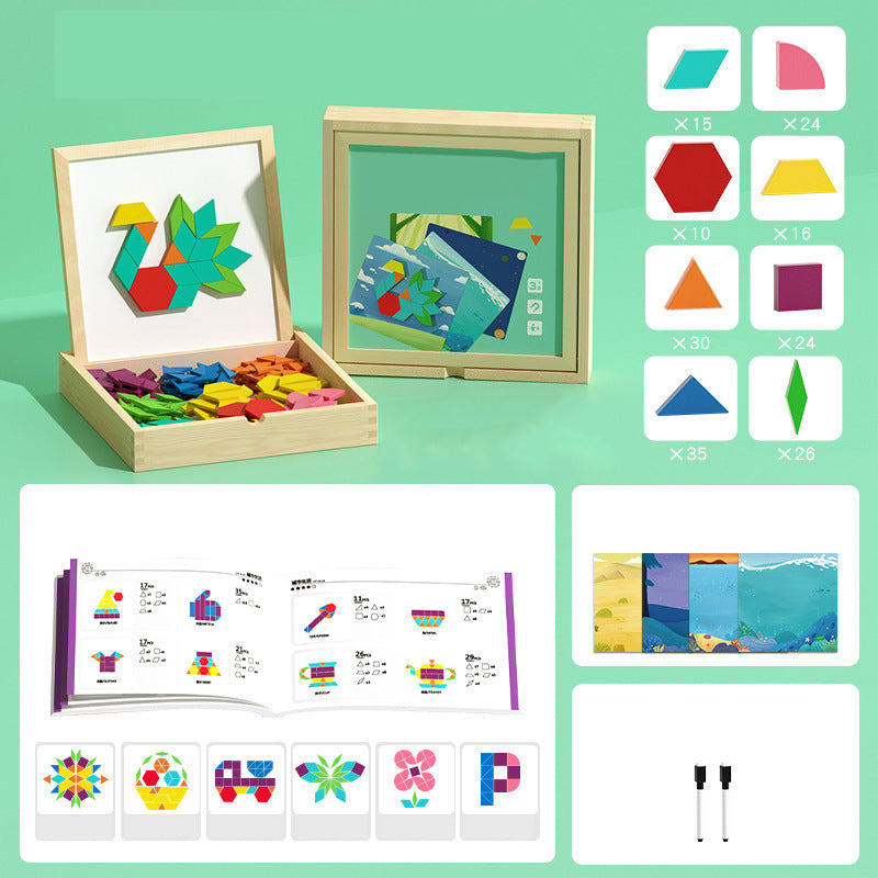 Wooden Magnetic Pattern Puzzle Game for Kids – 180 or 220 Colorful Shape Tiles with Design Cards – STEM Learning Toy for Creativity & Logic
