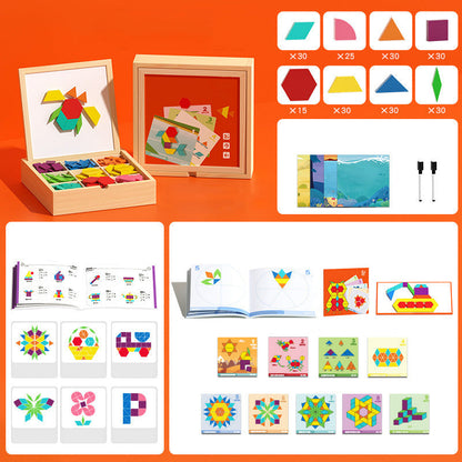 Wooden Magnetic Pattern Puzzle Game for Kids – 180 or 220 Colorful Shape Tiles with Design Cards – STEM Learning Toy for Creativity & Logic