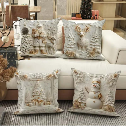 Holiday Throw Pillow Covers Set of 4 - Christmas Decorative Cushion Cases with Santa, Snowman, Tree & Reindeer Designs for Couch, Sofa, Bedr