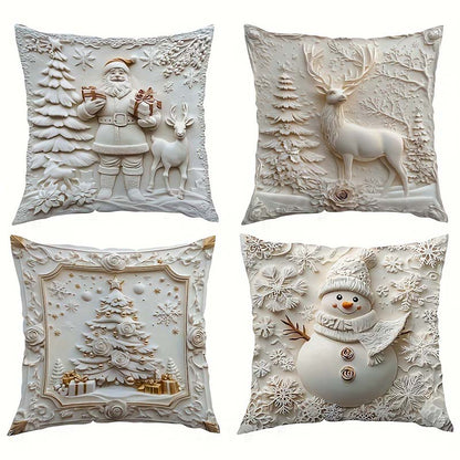Holiday Throw Pillow Covers Set of 4 - Christmas Decorative Cushion Cases with Santa, Snowman, Tree & Reindeer Designs for Couch, Sofa, Bedr