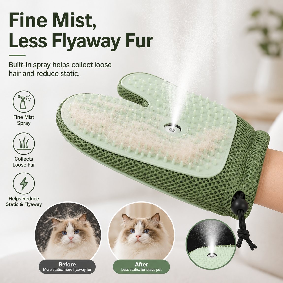 Ortekor Spray Pet Grooming Glove for Cats & Dogs - No-Bath Deshedding, Gentle Massage & Sofa Hair Cleanup