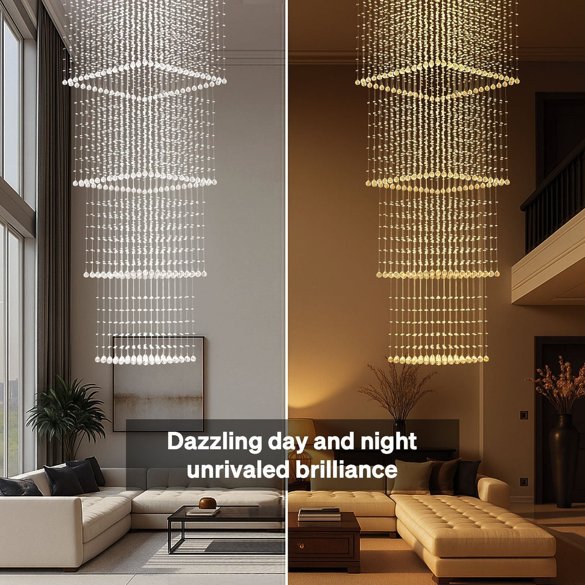 Tiered Square Crystal Chandelier with Cascading Raindrop Pendants for High Ceilings – Chrome Stainless Steel Frame for Foyer Stairway