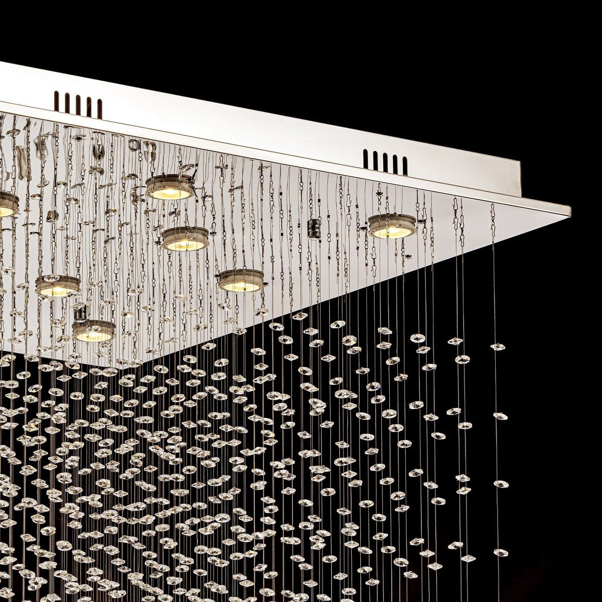 Tiered Raindrop Chandelier for High Ceilings | Stainless Steel Square Frame | GU10 LED Foyer Staircase Lighting | Chrome Finish Multi-Level