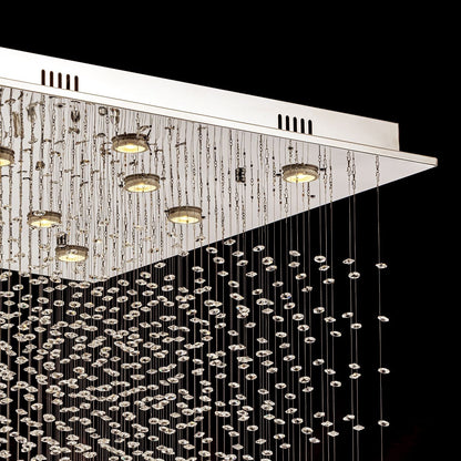 Tiered Raindrop Chandelier for High Ceilings | Stainless Steel Square Frame | GU10 LED Foyer Staircase Lighting | Chrome Finish Multi-Level