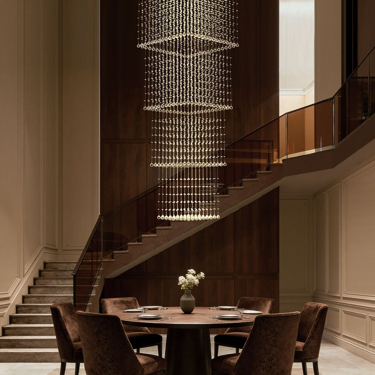 Tiered Raindrop Chandelier for High Ceilings | Stainless Steel Square Frame | GU10 LED Foyer Staircase Lighting | Chrome Finish Multi-Level