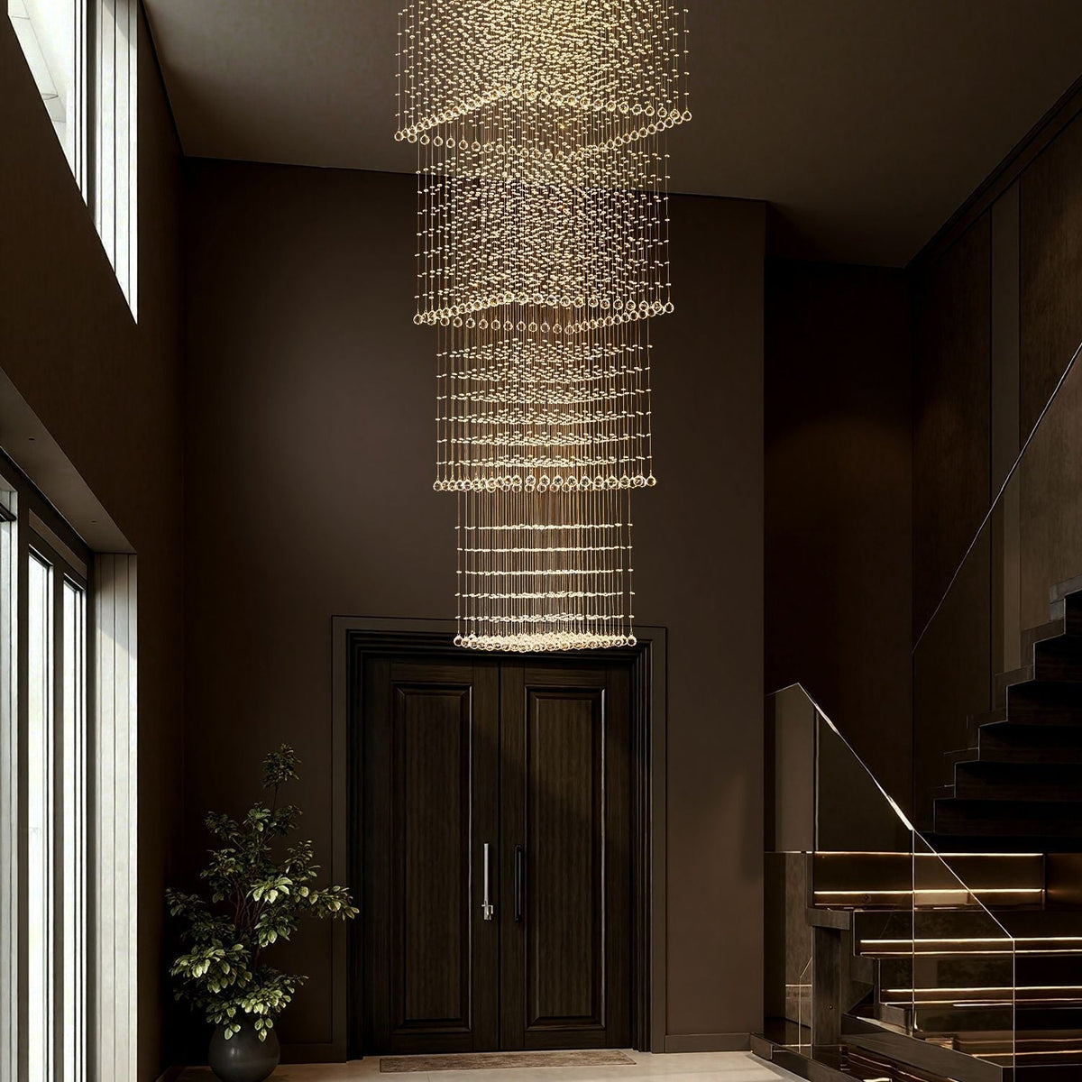 Tiered Square Crystal Chandelier with Cascading Raindrop Pendants for High Ceilings – Chrome Stainless Steel Frame for Foyer Stairway