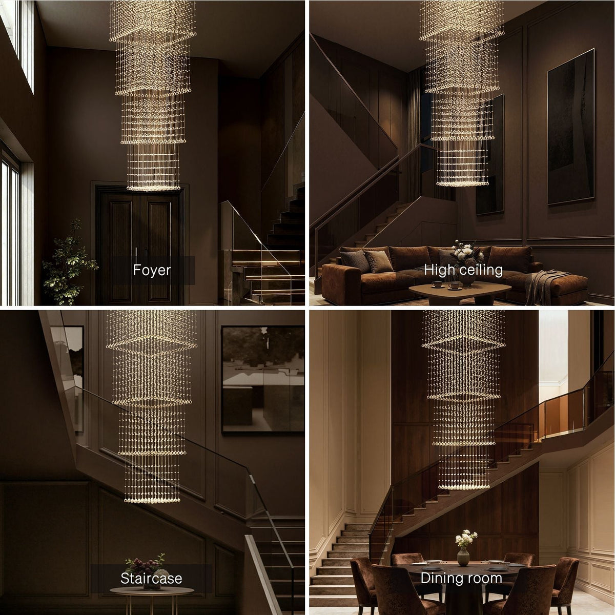 Tiered Raindrop Chandelier for High Ceilings | Stainless Steel Square Frame | GU10 LED Foyer Staircase Lighting | Chrome Finish Multi-Level