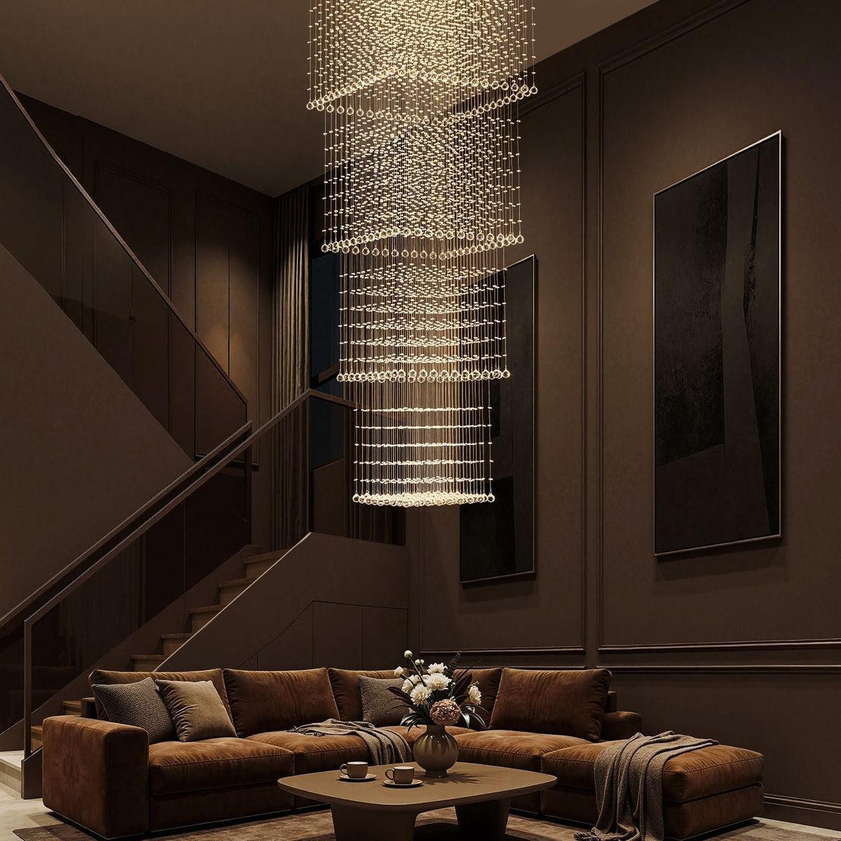 Tiered Square Crystal Chandelier with Cascading Raindrop Pendants for High Ceilings – Chrome Stainless Steel Frame for Foyer Stairway