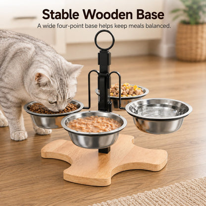 Ortekor 4-Bowl Adjustable Elevated Pet Feeder for Cats & Small Dogs - Organized Food and Water Station