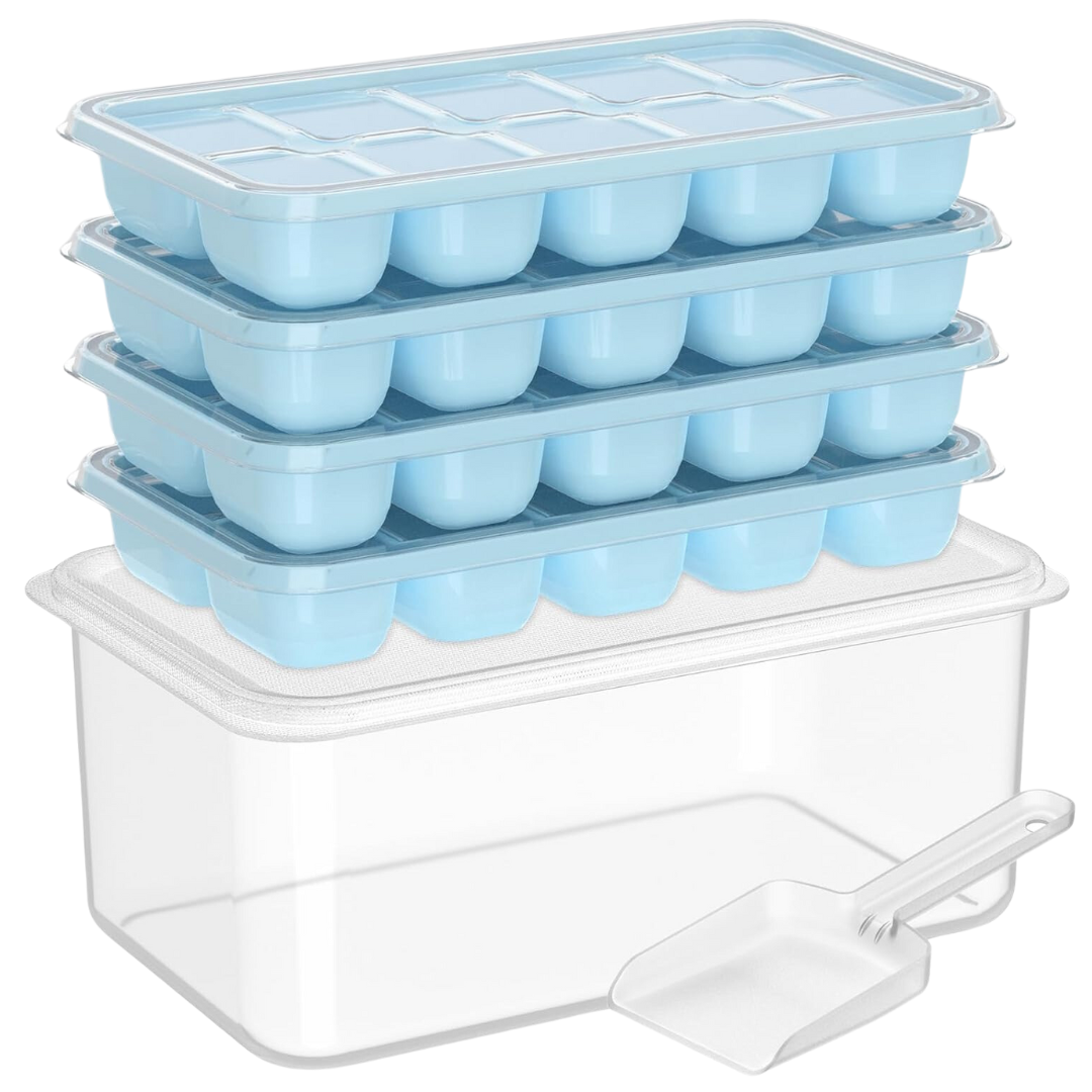 Flexible Silicone Ice Cube Trays with Lid and Storage Container for Freezer Space-Saving Organization