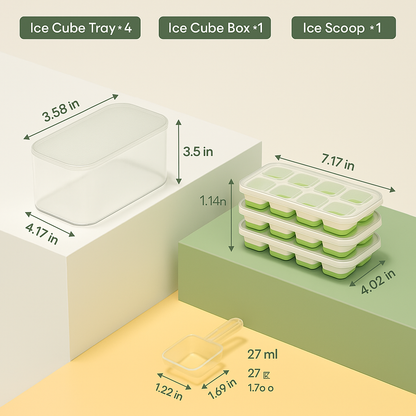 Flexible Silicone Ice Cube Trays with Lid and Storage Container for Freezer Space-Saving Organization