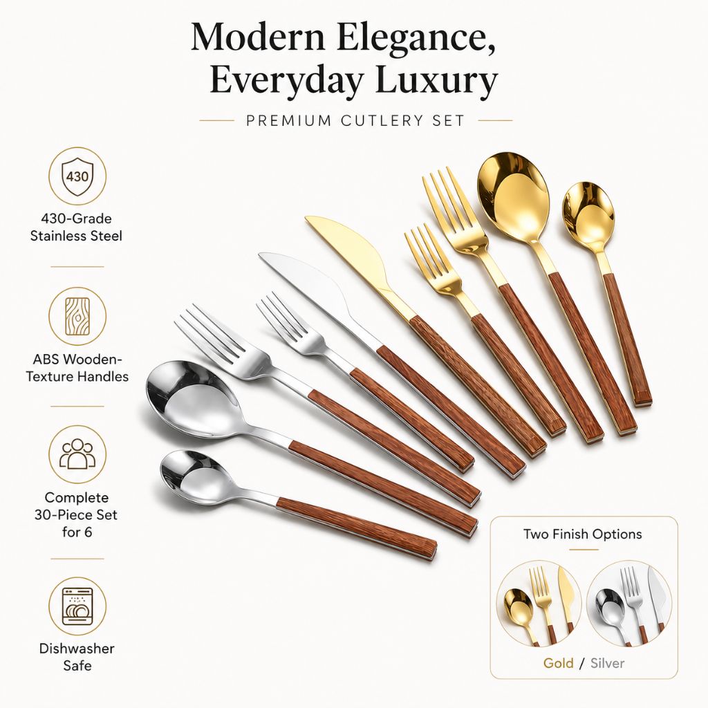 30-Piece Flatware Set Wood-Effect Handles Gold & Silver Finish for 6 Service for Family Dining Everyday Tableware Dinnerware