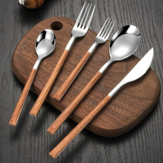 30-Piece Flatware Set Wood-Effect Handles Gold & Silver Finish for 6 Service for Family Dining Everyday Tableware Dinnerware