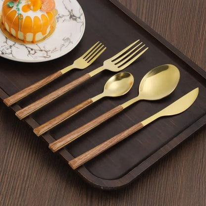 30-Piece Flatware Set Wood-Effect Handles Gold & Silver Finish for 6 Service for Family Dining Everyday Tableware Dinnerware