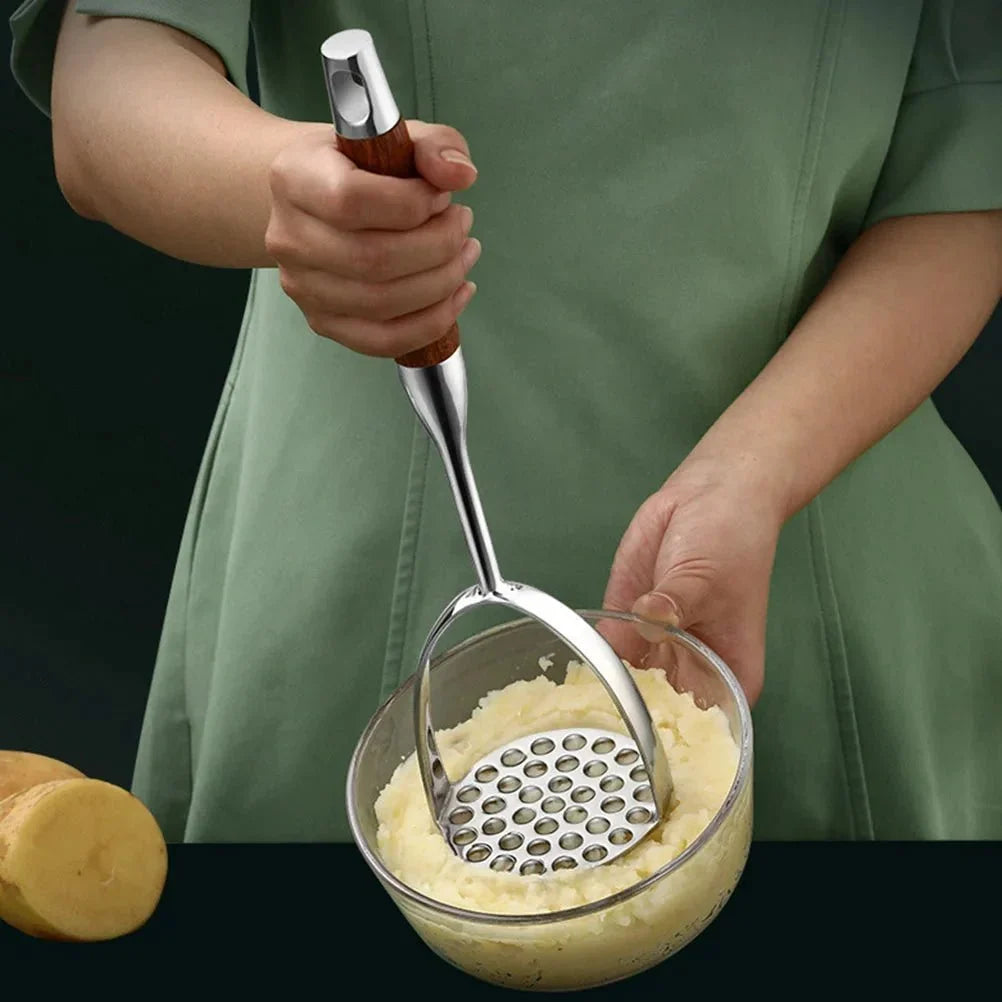 Hand Potato Masher Tool Steel Head Wood Grip Kitchen Utensil for Mashed Potatoes Vegetables Cooked Foods Puree Prep Home Cooking