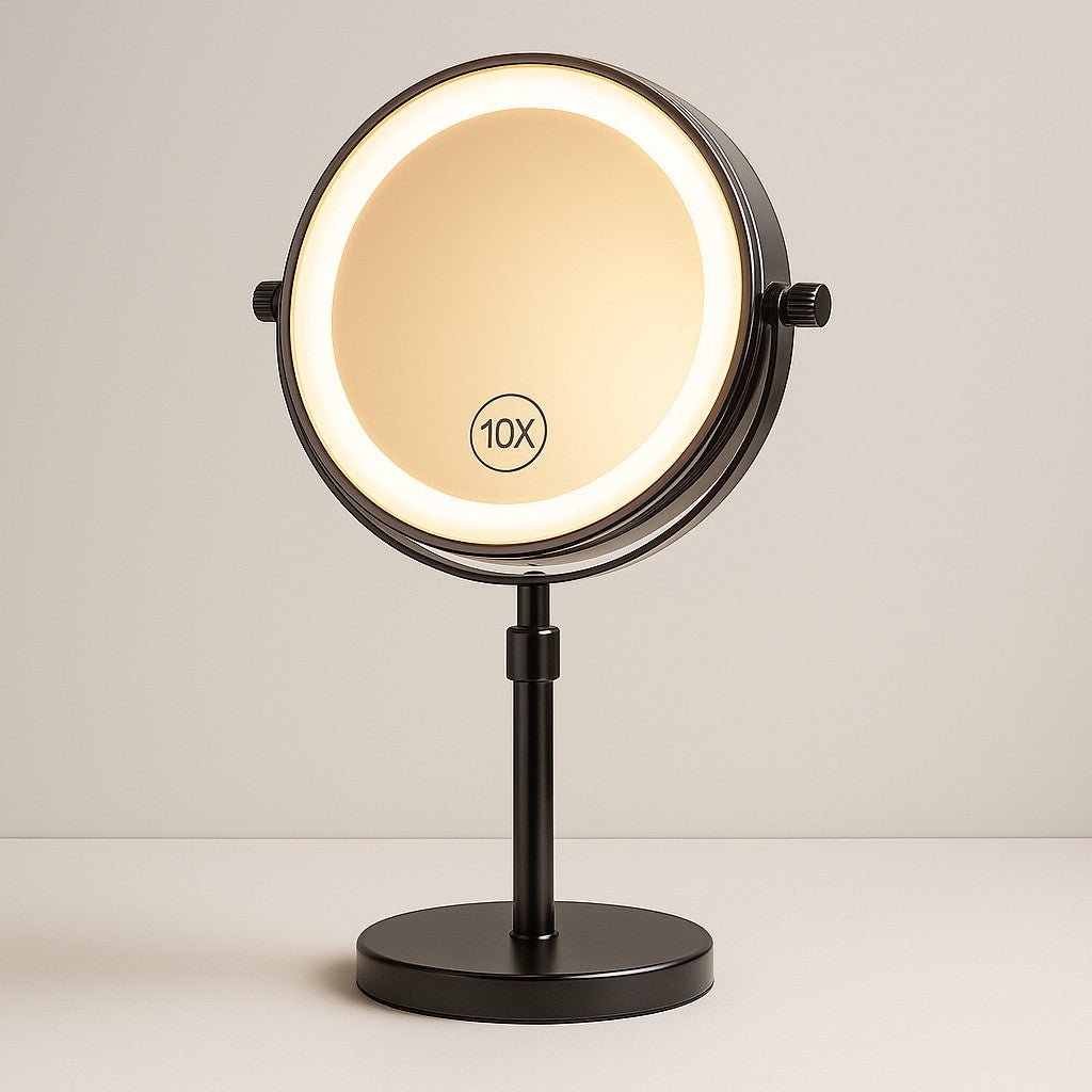 Rechargeable Vanity Mirror with 10X Magnification & Adjustable Height for Countertop Makeup Application