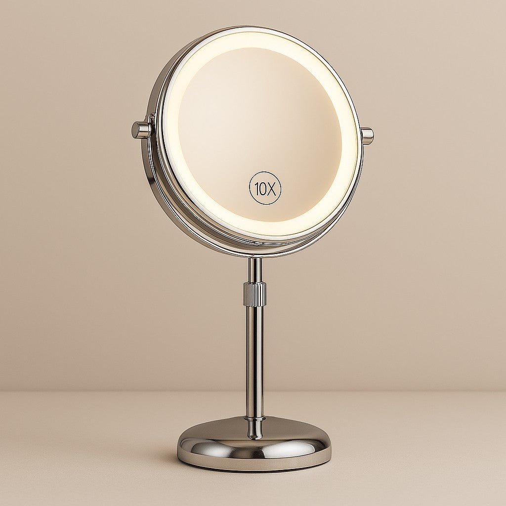 Rechargeable Vanity Mirror with 10X Magnification & Adjustable Height for Countertop Makeup Application
