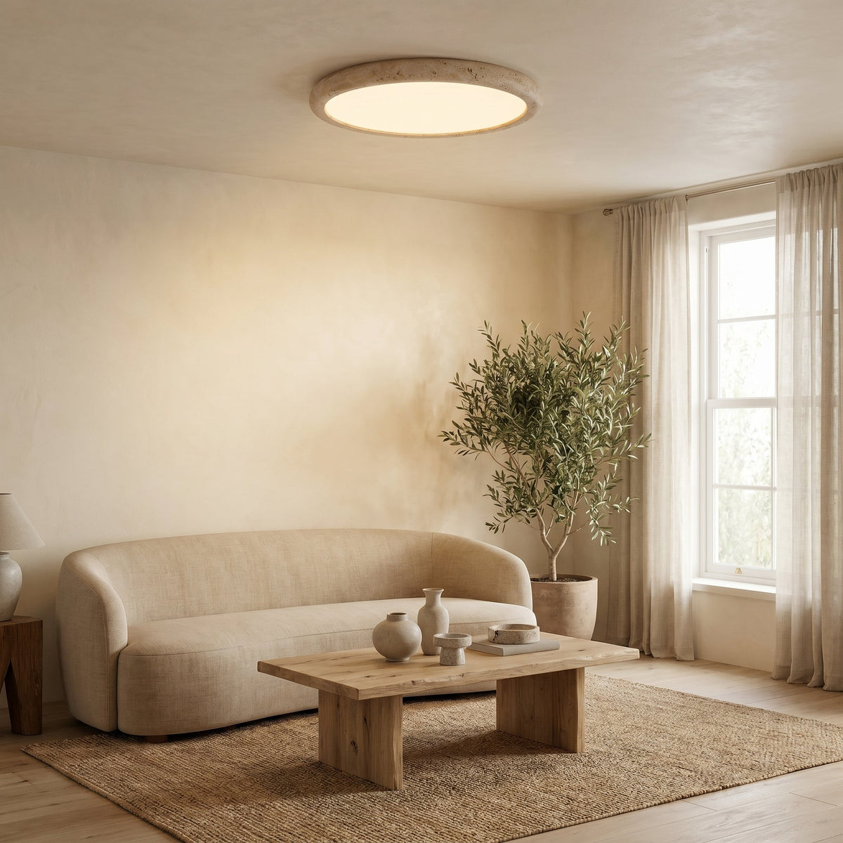 Natural Travertine Stone Ceiling Light – Round Flush Mount Fixture, Warm LED Glow for Bedroom, Living Room & Modern Interiors