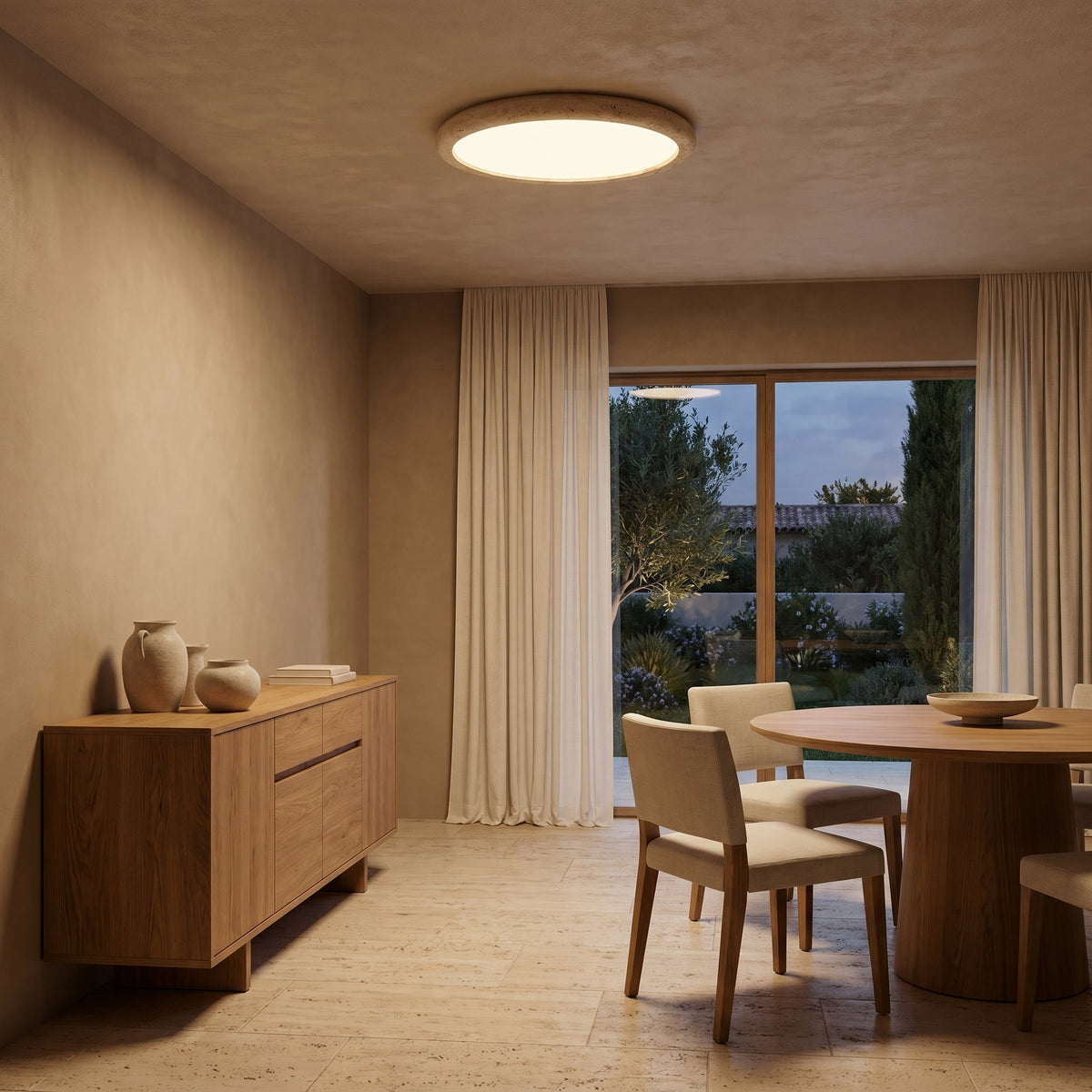 Natural Travertine Stone Ceiling Light – Round Flush Mount Fixture, Warm LED Glow for Bedroom, Living Room & Modern Interiors