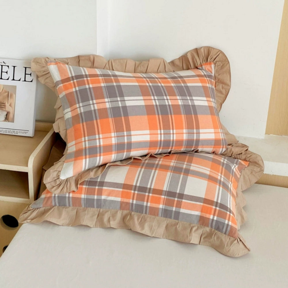 Queen Microfiber Pillowcase with Ruffle Trim & Zipper Closure – Vintage Stripe Pattern for Bedroom Décor – Soft Breathable Fabric