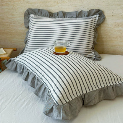 Queen Microfiber Pillowcase with Ruffle Trim & Zipper Closure – Vintage Stripe Pattern for Bedroom Décor – Soft Breathable Fabric