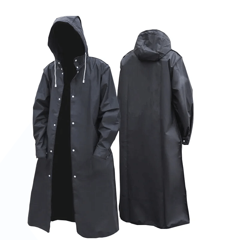 Full-Length Waterproof Hooded Rain Jacket for Adults – Lightweight Foldable Travel Coat for Men & Women – Black