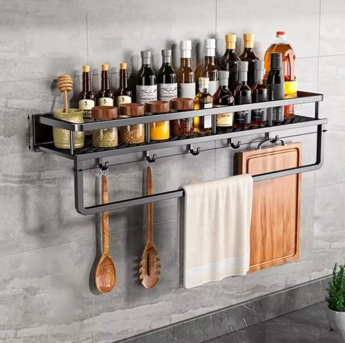Metal Wall Shelf Organizer with Hooks Black 20 inch for Spices Utensils Towels Kitchen Storage Rack Countertop Space Saver